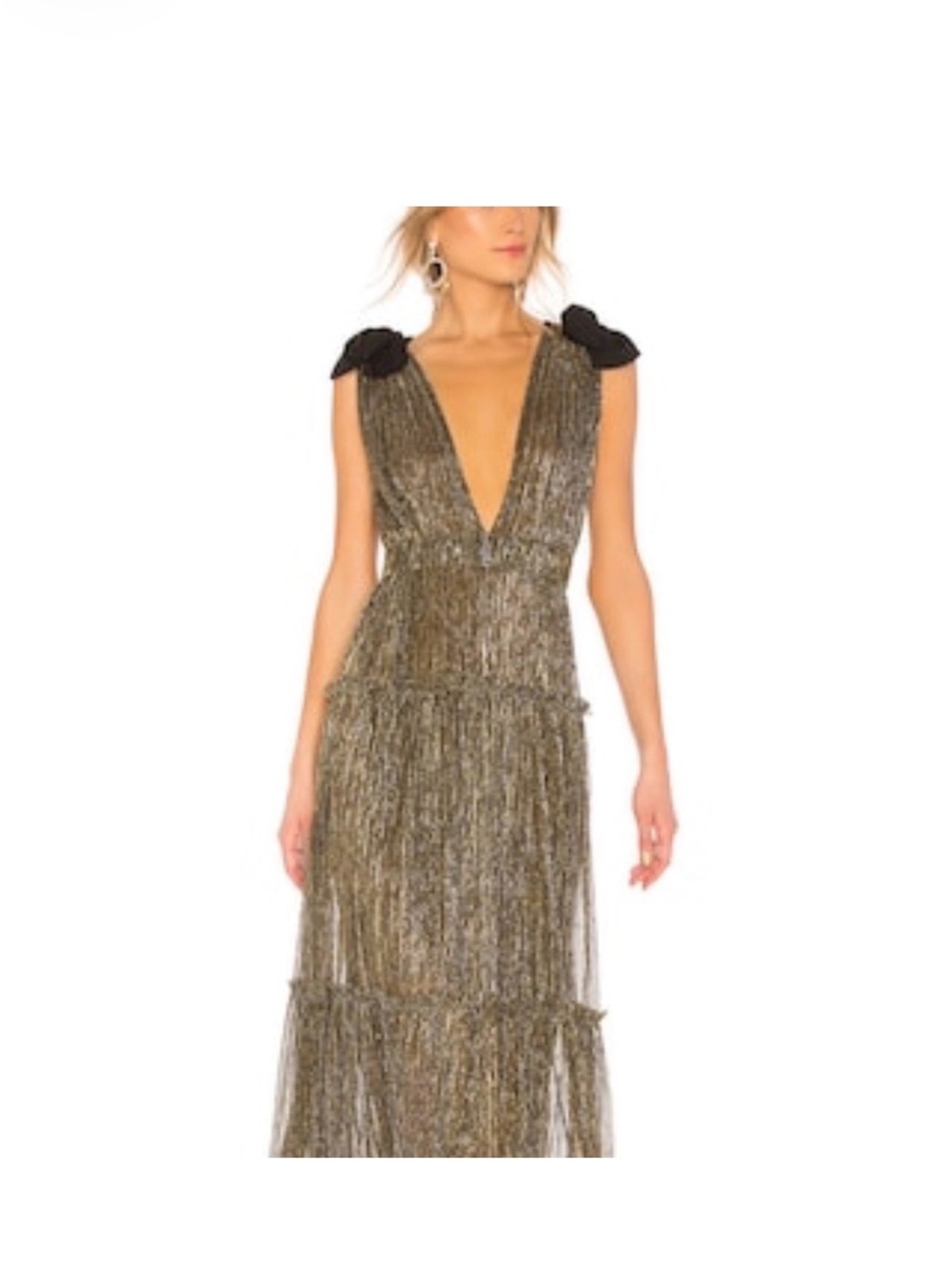 Sabina Musayev Metallic Gold Plunge Tiered Maxi Dress with Black Shoulder Bows